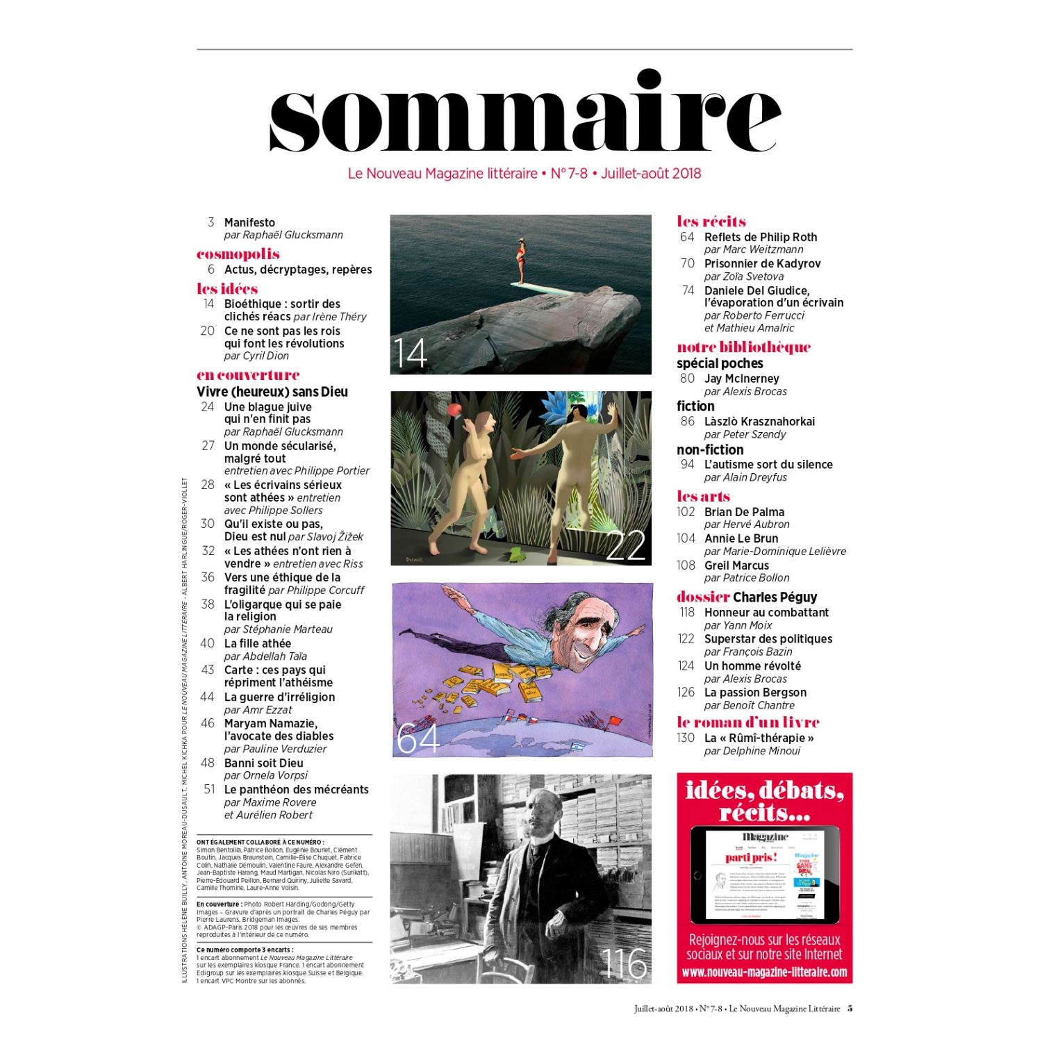 Nouveau Magazine Littéraire n°7/8 - Vivre sans dieu - juillet août 2018.
