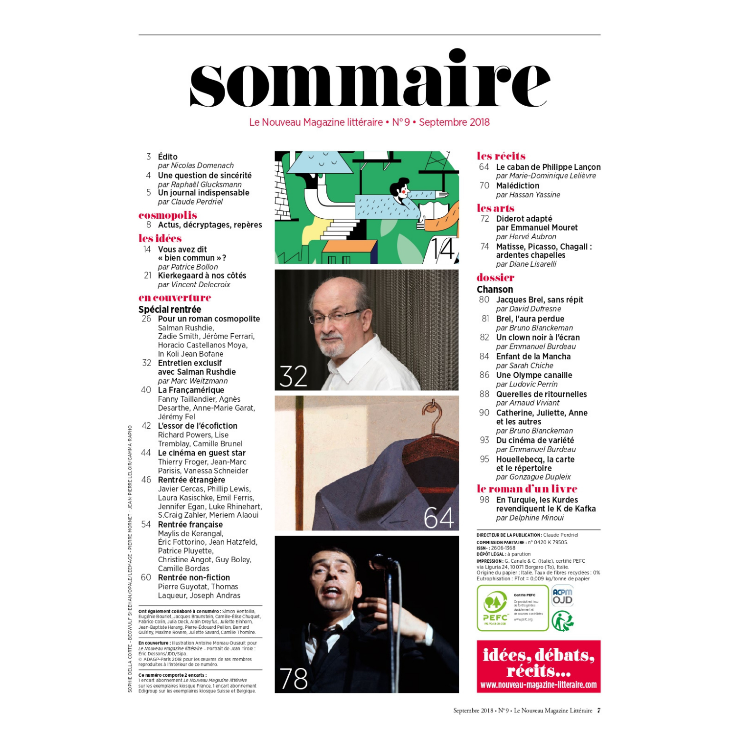 Nouveau Magazine Littéraire n°9 - Les romans de la rentrée - septembre 2018.